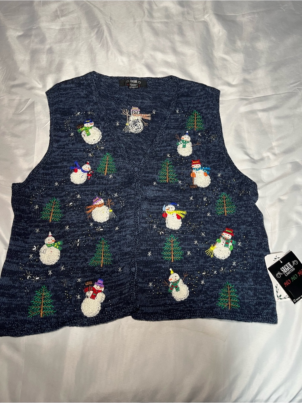 Vintage Sears Sweater Vest Womens XL Blue Snowman AOP Holiday Christmas NWT
